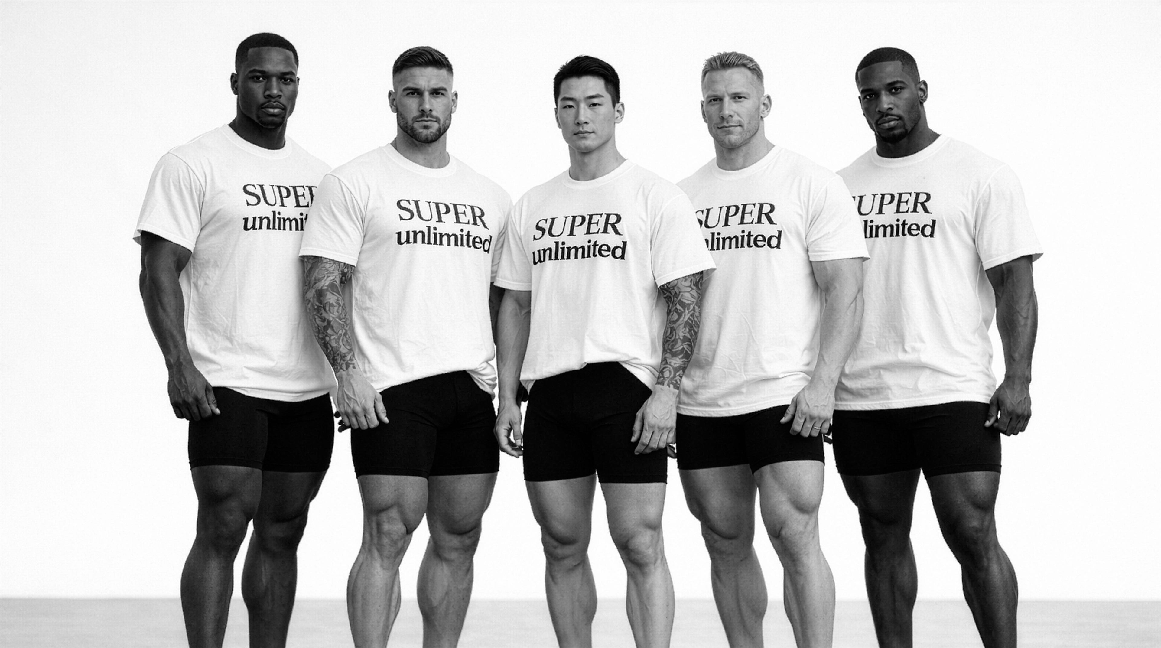 Five men wearing matching white t-shirts with 'Super Unlimited' text, standing in a row against a plain background.